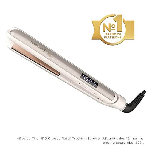 Remington Shine Therapy 1" Hair Straightener with digital display and advanced ceramic plates in champagne color.