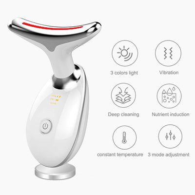 Uonkeus 3-in-1 beauty device, facial and neck massager with 3 colors light, vibration, and nutrient induction features.