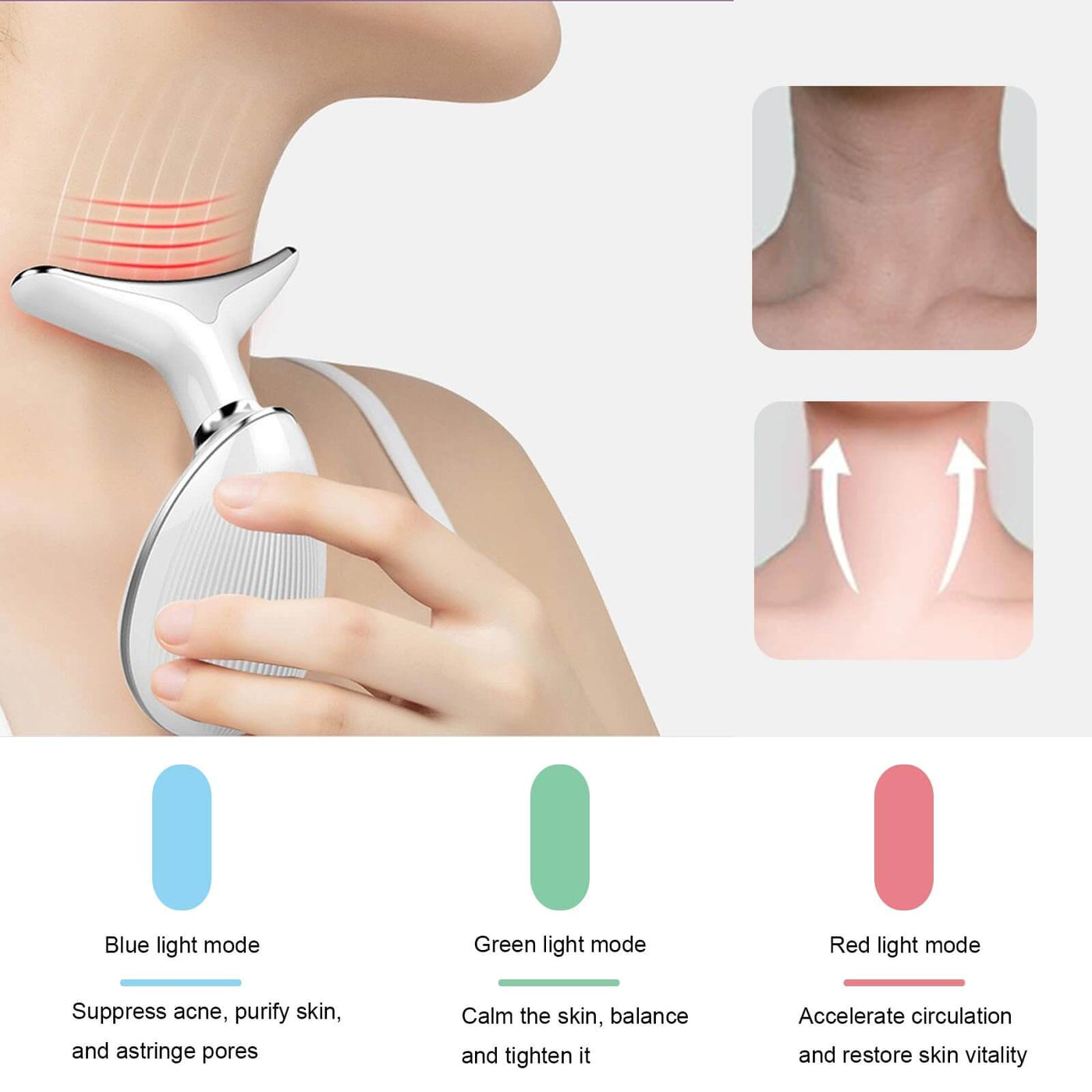 Uonkeus 3-in-1 beauty device in use on neck, highlighting blue, green, and red light modes for skin benefits.