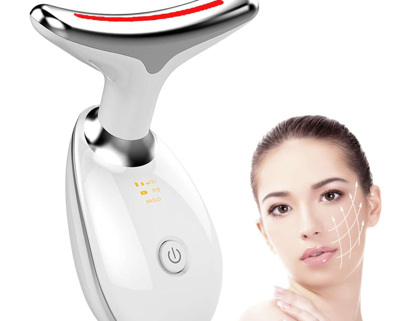 Uonkeus 3-in-1 beauty device, facial and neck massager, showcasing white design and LED indicators with a model using it.