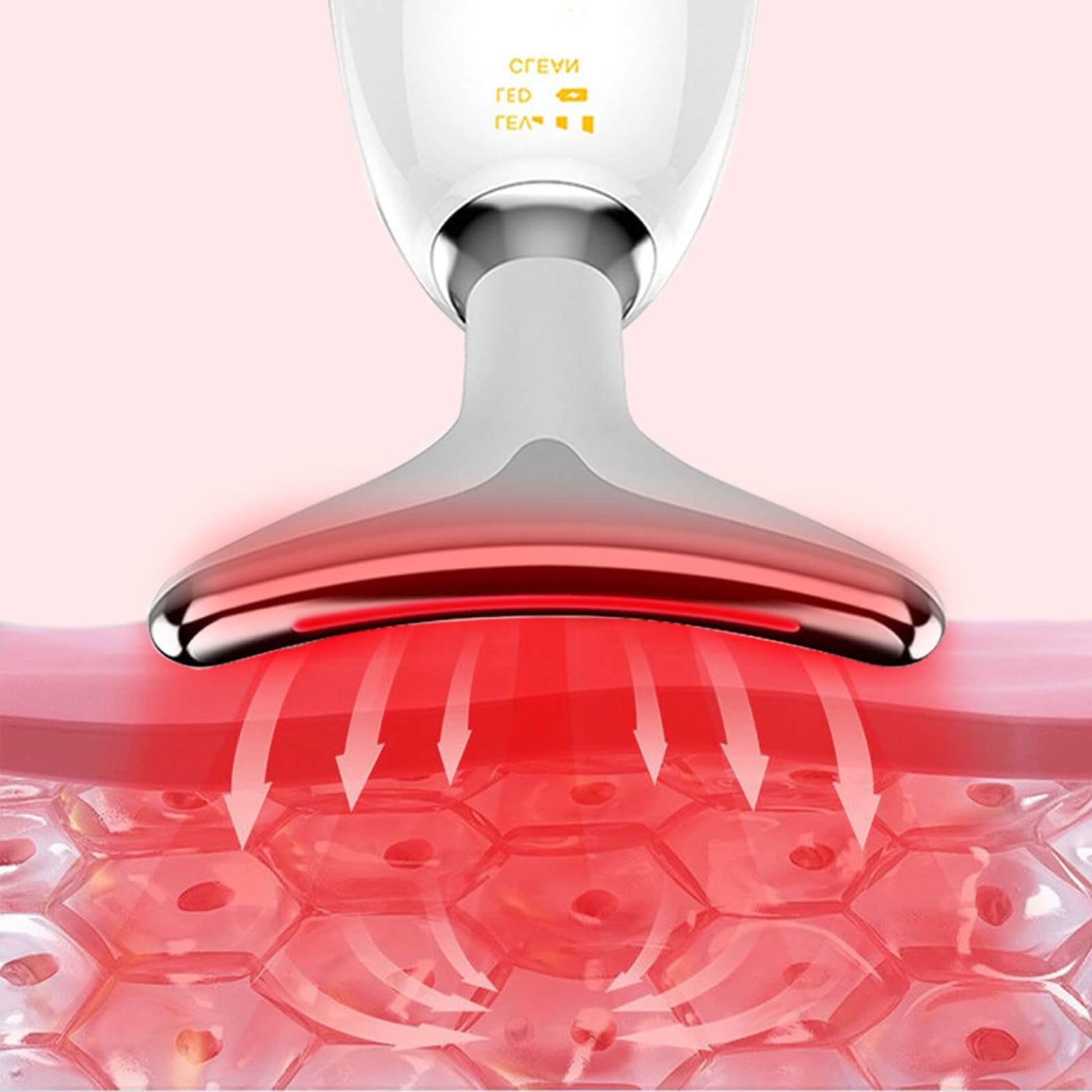 Uonkeus 3-in-1 beauty device close-up showing red light therapy feature for facial and neck massage.